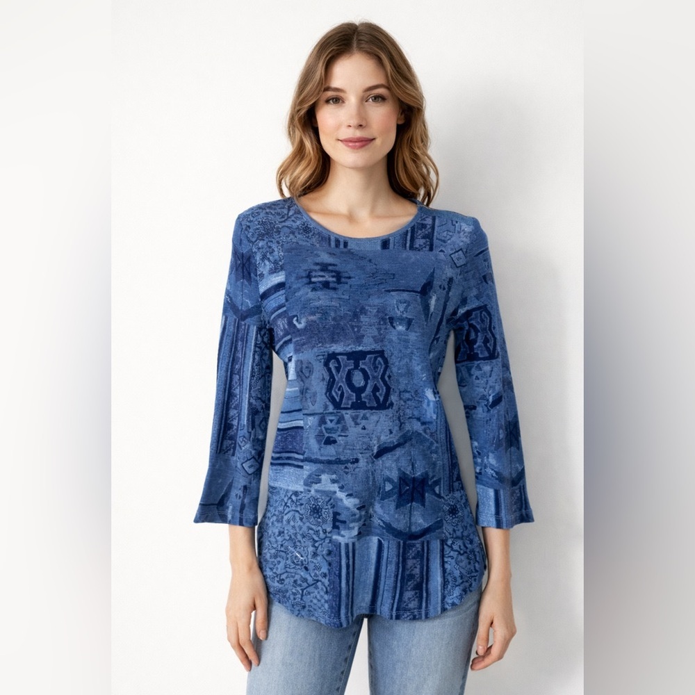 Lauren Ralph Lauren LRL Blue Patchwork Top Small Boho 3/4 Sleeve Cotton Thermal